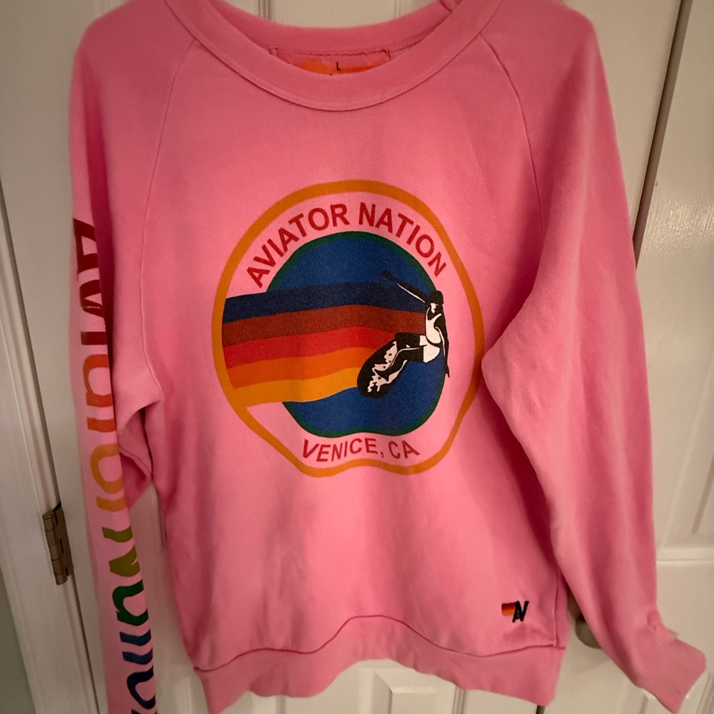 Aviator Nation Relaxed Crew Sweatshirt in Neo Pink, Size L, Venice Beach Logo